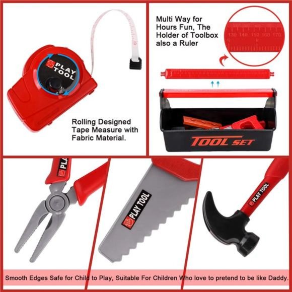 Playkidiz Kids Tool Belt Set - Adjustable Toddler Tool Belt  Kids Tool Set - Pretend Play Construction Toy with Tool Box Kids Tool Belt